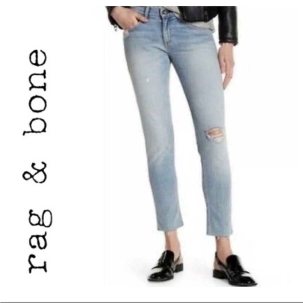 Rag & Bone Dre Capri Light Wash Slim Jeans Raw Hem Distressed Knee Size 26 EUC